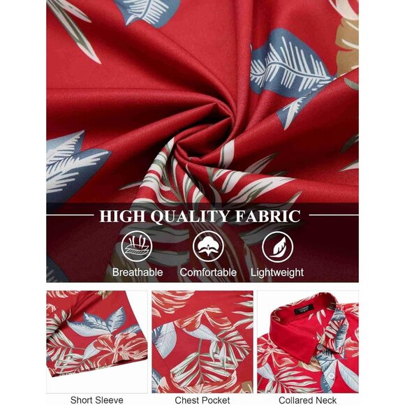 Men Red Hawaiian Shirt Short Sleeve Floral Button Down Tropical Beachwear - Picture 6 of 6